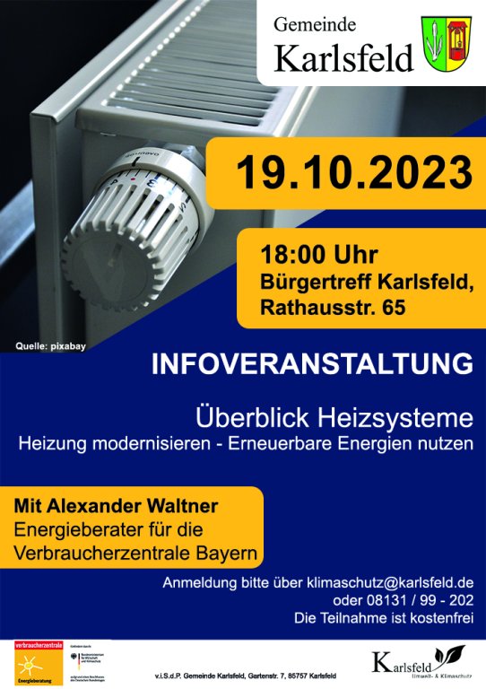 Plakat zur Infoveranstaltung Überblick Heizsysteme am 19.10.2023 Plakat zur Infoveranstaltung Überblick Heizsysteme am 19.10.2023